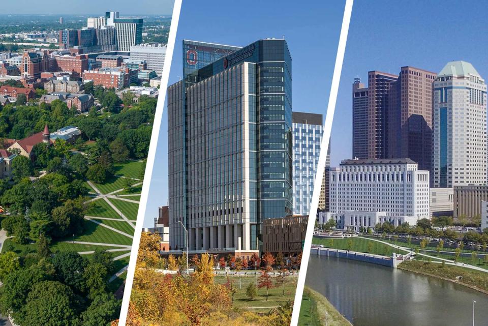 Collage of three photos: Ohio State campus aerial view, University Hospital building, skyline of downtown Columbus